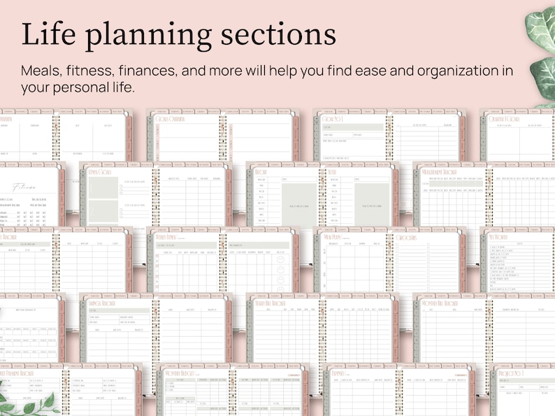 Life planning sections. Includes a meal planner, fitness tracker, finance templates, and more to help you find ease and organization in your personal life. Various templates from the life planning sections of the homeschool planner are shown.