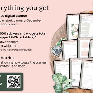 Everything you get. 1 undated Monday start homeschool planner. Over 2000 stickers and widgets total. They are pre cropped PNG files in folders. How to tutorials for Goodnotes 5 and Xodo. There is a QR code to scan for a sample planner.