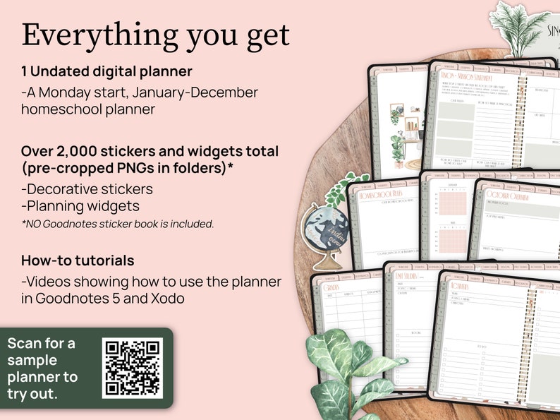 Everything you get. 1 undated Monday start homeschool planner. Over 2000 stickers and widgets total. They are pre cropped PNG files in folders. How to tutorials for Goodnotes 5 and Xodo. There is a QR code to scan for a sample planner.