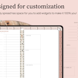 Designed for customization. The daily spread has space for you to add widgets and make it 100 percent you. Digital planning widgets are shown beside the planner which is open to the daily spread page.