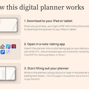 How this digital planner works. 1. Once you purchase, you will get a PDF with instructions and a link to download the planner to your iPad or tablet. 2. Import the planner into a note taking app on your device so you can write in it. I recommend Goodnotes, Notability, Noteful, ClaroPDF Pro, Samsung Notes, or Penly. 3. Write in the planner using a stylus or type in the planner by adding text boxes. The Info page in the planner has a link to tutorials to get started.