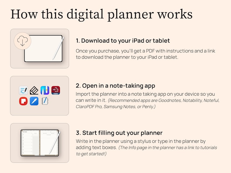 How this digital planner works. 1. Once you purchase, you will get a PDF with instructions and a link to download the planner to your iPad or tablet. 2. Import the planner into a note taking app on your device so you can write in it. I recommend Goodnotes, Notability, Noteful, ClaroPDF Pro, Samsung Notes, or Penly. 3. Write in the planner using a stylus or type in the planner by adding text boxes. The Info page in the planner has a link to tutorials to get started.