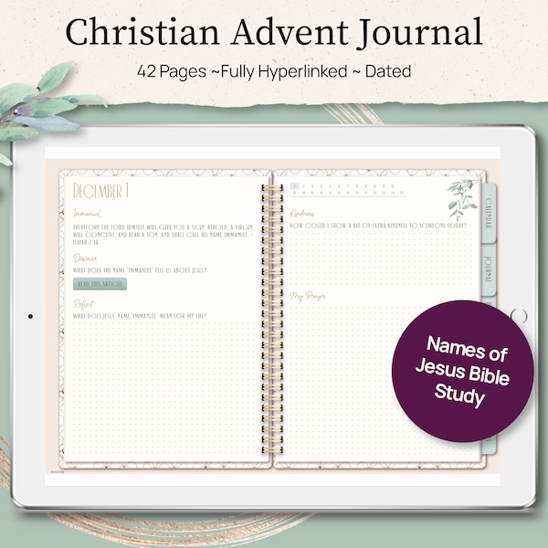 Digital Advent Calendar, Names of Jesus Christmas Bible Study Prayer Journal, Christian Christmas Countdown Journal, For iPad or Tablet