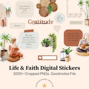 May include: Digital stickers featuring watercolour illustrations of plants, people, and inspirational quotes. The image includes the text "Life & Faith Digital Stickers" and "2000+ Cropped PNGs. Goodnotes File."