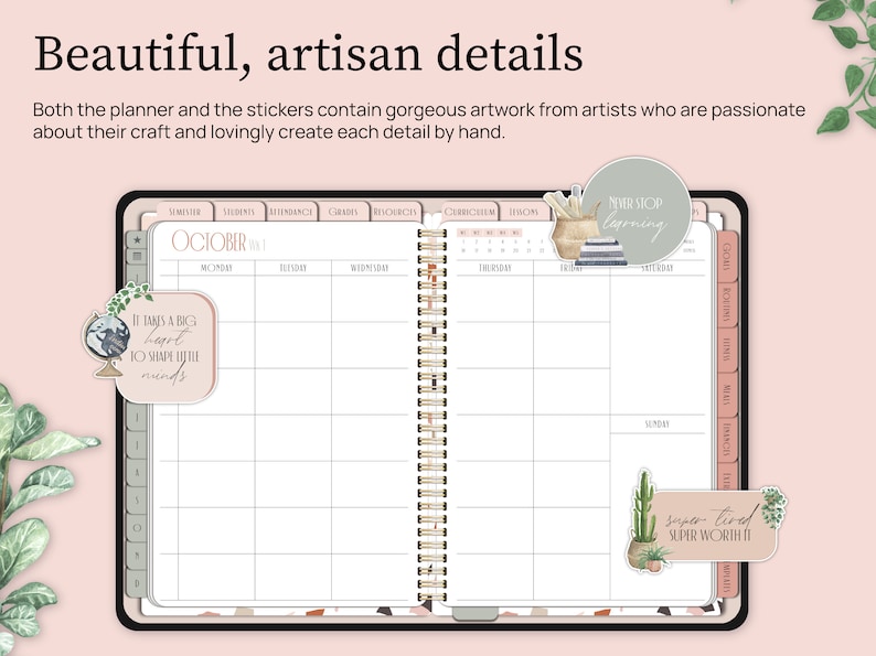 Beautiful artisan details. Both the planner and the stickers contain gorgeous artwork from artists who are passionate about their craft and lovingly create each detail by hand. The homeschool planner is shown with  boho homeschool stickers.