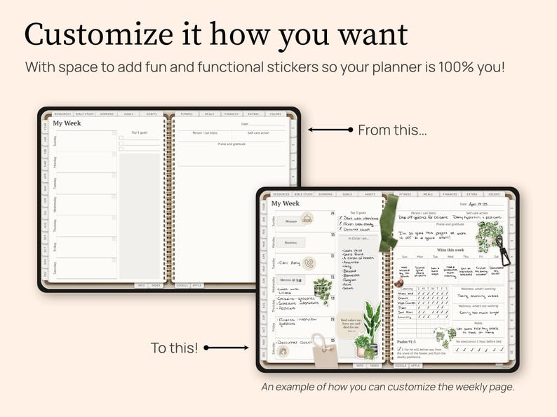 Customize this digital planner how you want. It has space for you to add functional stickers to make it one hundred percent you. Maybe you want a water tracker. Or maybe you do not. The choice is yours.