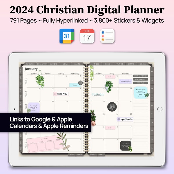 2024 Christian Digital Planner | Bible Study Journal for iPad and Tablet | Google and Apple Calendar Integration | Neutral Boho Plants Theme