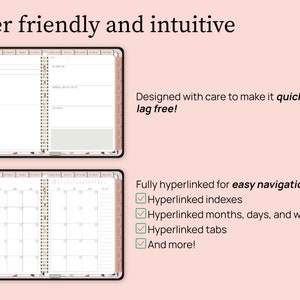 User friendly and intuitive. Designed to make it quick and lag free. Fully hyperlinked for easy navigation. Hyperlinks include indexes, months, days, weeks, tabs, and more. A lesson plan template and a monthly calendar in the planner are shown