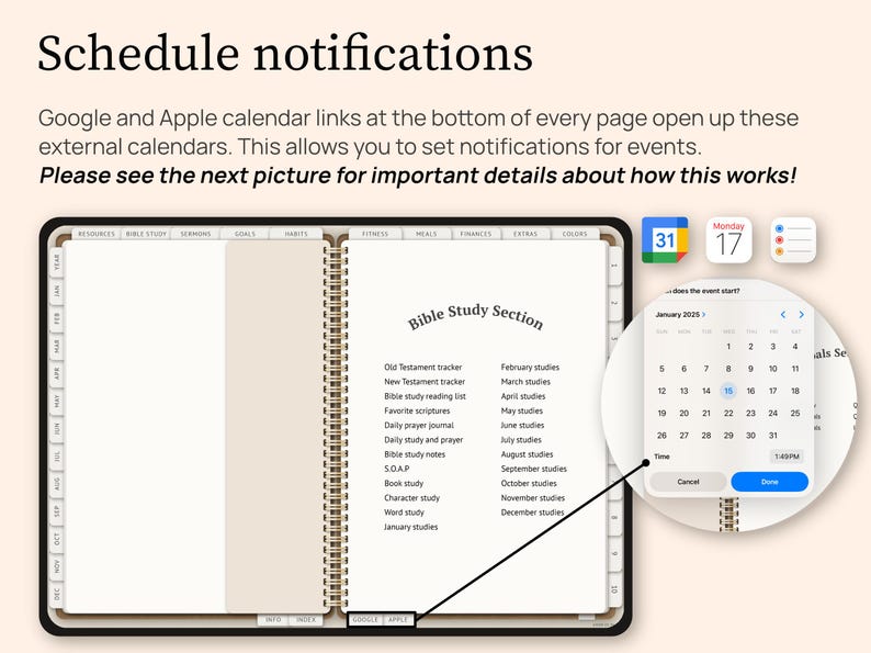 Schedule notifications. Google and Apple calendar links at the bottom of every page open up these external calendars. This allows you to set notifications for events. Please see the next picture for important details about how this works.