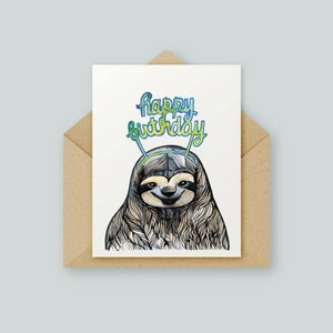 Joyeux anniversaire Sloth Card | Œuvre d’art originale | Aquarelle