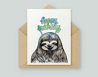 Happy Birthday Sloth Card | Original Artwork | Watercolour