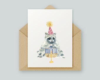 Holiday Hanukkah Raccoon Card | Original Artwork | Watercolour