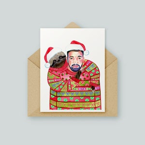 Tarjeta de felicitación navideña con el perezoso Drake / Obra de arte original / Acuarela