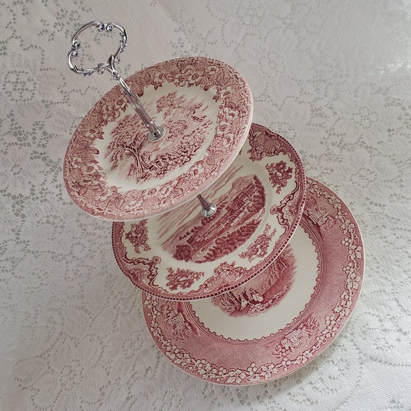 Mixed Pattern, Pink English China, Repurposed, 3 Tier Cake Stand, Featuring Jenny Lind, Old Britain Castles, Kingswood, Mid Century