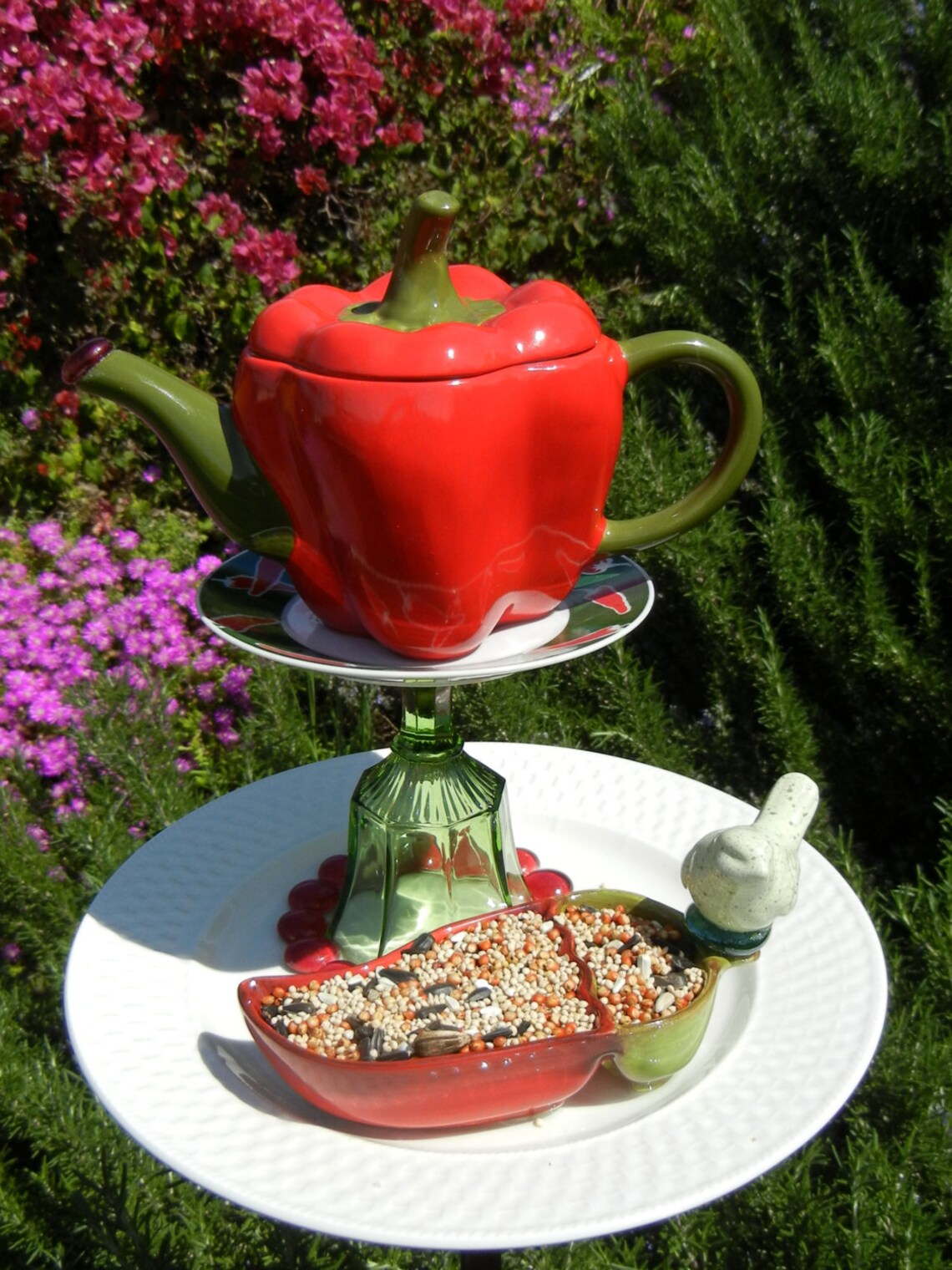 Teapot Bird Feeder Pepper Theme Repurposed Garden Art Etsy