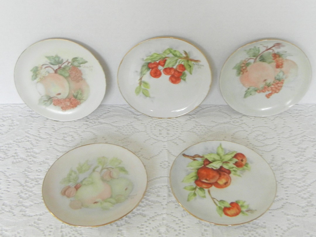 Vintage German Hand Painted Porcelain Plates Set of 5 Fruit Design
