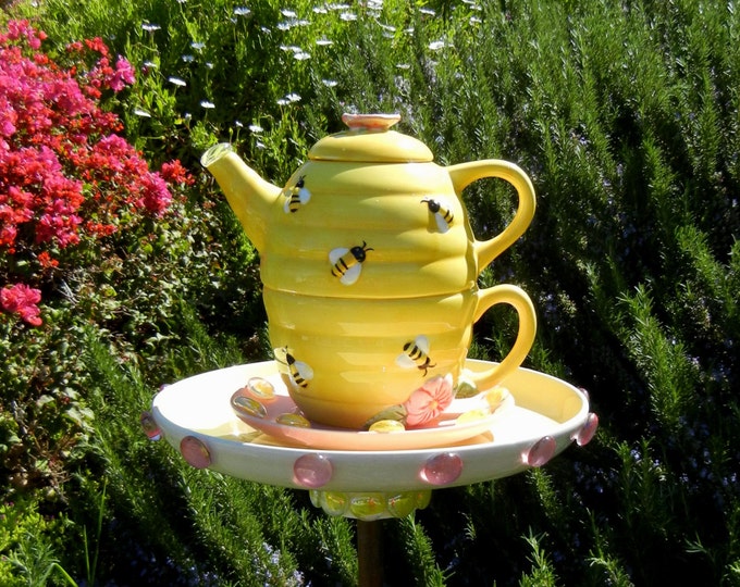 Teapot Bird Feeder Beehive Theme Repurposed Garden Art Etsy