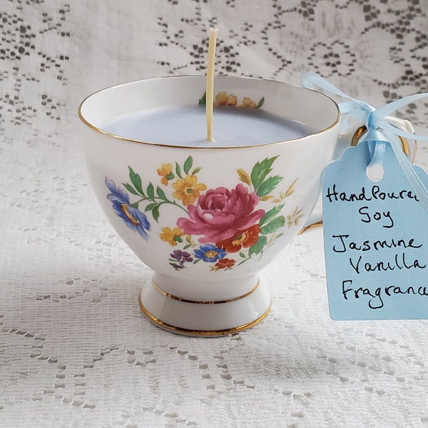 Scented Soy Teacup Candle in Vintage Tuscan Bone China, Pattern C7189, Royal Tuscan, Rare, Made in England, Jasmine Vanilla Fragrance