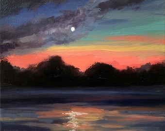 Original Oil Painting Lake View, Lake Painting, Painting of a Lake. 6x6 inches original painting
