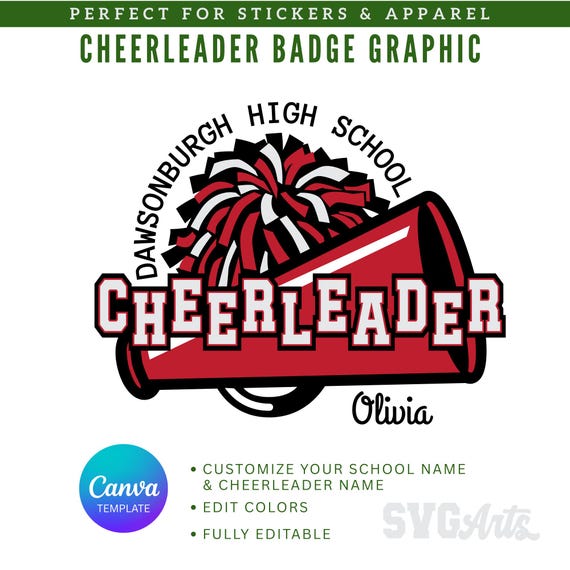 Cheerleader Badge Canva Template, Megaphone, pom poms, customizable