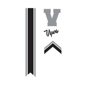 Op de afbeelding: Een set zwarte en grijze stickers met een lange verticale streep met een ingekeepte onderkant, een grote blokletter V, het woord Vipers in een cursief lettertype en een chevronvorm bestaande uit twee zwarte en grijze hoeklijnen.
