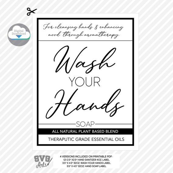 Wash Your Hands Labels |  Hand Soap | Hand Sanitizer | Essential Oil Label | Bottle Label Bundle - 4oz 8oz 32oz | Printable PDF | minimalist