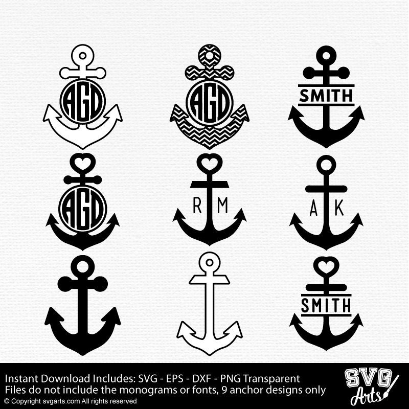 Download Anchor Monogram Cut Files - SVG - EPS - DXF & Png - 9 Variety of Anchors Designs