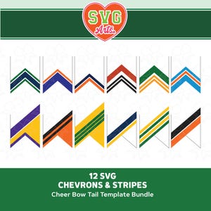 Pode incluir: Uma coleção de 12 designs SVG de galões e listras em várias combinações de cores. Os designs são dispostos em uma grade, com cada galão apresentando um padrão diferente. A imagem inclui o texto "SVG Arts" e "12 SVG CHEVRONS & STRIPES Cheer Bow Tail Template Bundle."