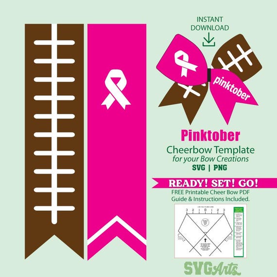 Pinktober Cheer Bow Template: Stripes, Arrows, Awareness Ribbon, SVG plus PDF Guide, PNG version included
