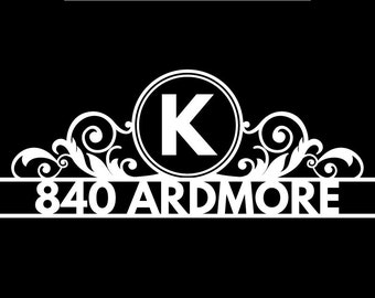May include: White mailbox cut file with a decorative scroll design and the letter K in a circle. The address is 840 Ardmore.