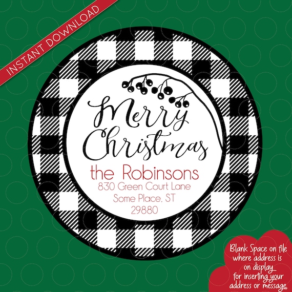 Printable  PNG, Merry Christmas Sticker, Christmas Address Label, Buffalo Plaid, Holly Berries, Printable Download Address Photo Overlay
