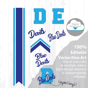 Peut inclure: Un téléchargement numérique d'un design graphique vectoriel avec le texte "Blue Devils" dans un schéma de couleurs bleu et blanc. Le design comprend divers éléments, tels qu'un chevron, une lettre D et une bannière à rayures. Le texte "100% Editable Vector/line Art" est également inclus dans le design.