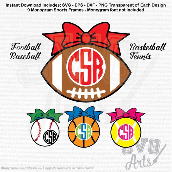 Sports Monogram Frames - SVG - EPS - DXF & Png Graphic Clipart - Football Baseball Basketball Tennis