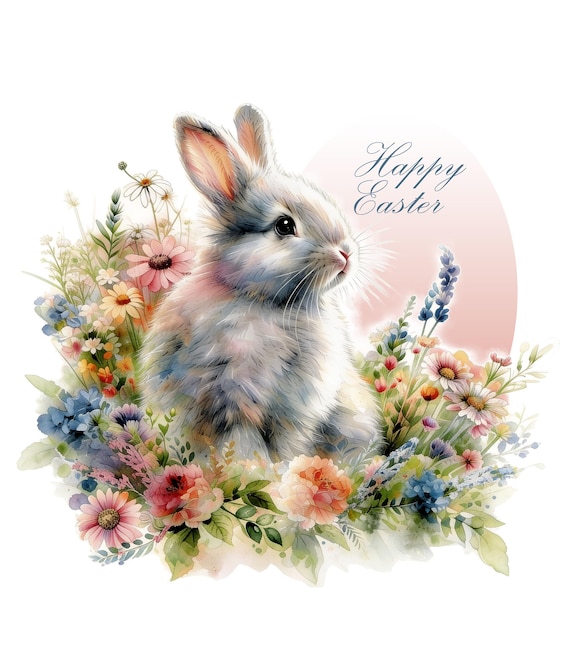Happy Easter Bunny PNG | Watercolor Flowers Spring Bunny Designs