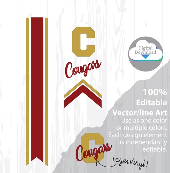 Cheer Bow Template - COUGARS - Stripes & Arrow Tails svg for Vinyl Heat Transfer 3" Layout, 5/8" Tails FREE Printable PDF how to make a bow