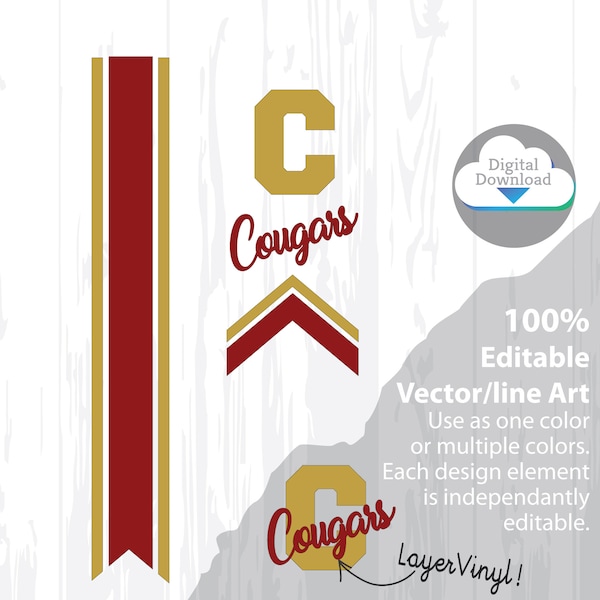 Cheer Bow Template - COUGARS - Stripes & Arrow Tails svg for Vinyl Heat Transfer 3" Layout, 5/8" Tails FREE Printable PDF how to make a bow