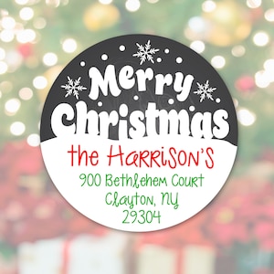 May include: A round, black and white Christmas gift tag with the text "Merry Christmas the HARRISON'S 900 Bethlehem Court Clayton, NY 29304".