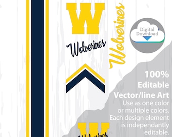 May include: A digital download of a vector graphic design featuring a yellow "W" with the word "Wolverines" written in a script font. The design also includes a yellow and blue chevron and two yellow and blue stripes. The text "100% Editable Vector/line Art" is included in the image.