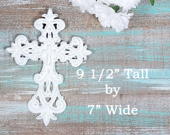 Shabby White Cross for Wall, White Painted Iron Crucifix, Religious Wall Decor