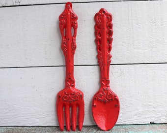 Poppy Red Kitchen Wall Decor Cast Iron Fork and Spoon Set