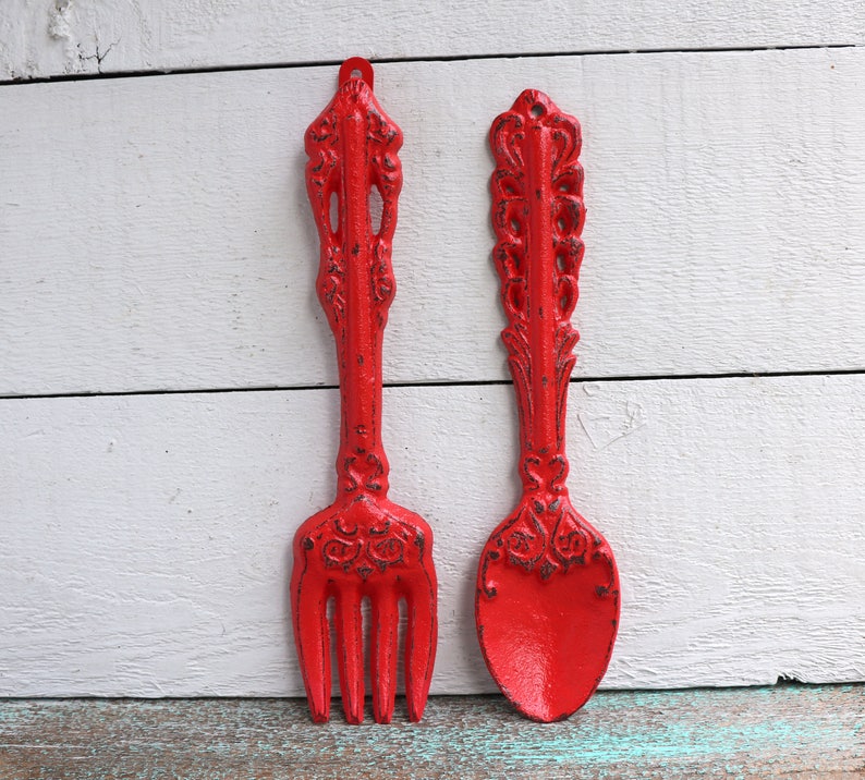 Red Kitchen Decor Fork And Spoon Wall Utensil Hanging Poppy Dining Room Art Farmhouse Iron Flatware
