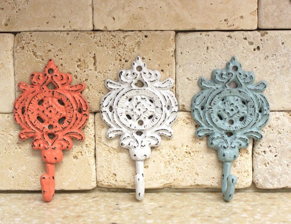 Decorative Wall Hooks Shabby Cast Iron Hooks Bathroom Hooks Cottage Chic Hooks Small Ornate Wall Hooks