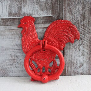 Cast Iron Door Knocker Red Rooster Decor Farmhouse Door Decor Rustic Barnyard Chicken Animal Bird