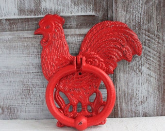 Cast Iron Door Knocker Red Rooster Farmhouse Front Door Decor Rustic Barnyard Chicken Animal Bird