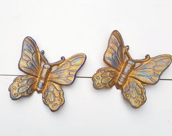 Butterfly Wall Decor, Shimmery Butterfly Wall Art, Set of 2 Cast Iron Hand Painted Butterflies Wall Hanging