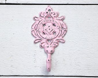 Decorative Ornate Wall Hook, Shabby Pink Hook,  Pink Nursery Decor, Towel Hook Holder, Bath Hooks, Cast Iron Wall Hooks,
