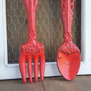 Fork and Spoon Kitchen Wall Decor Classic Red Hand Painted Utensils Cast Iron Rustic Farmhouse Dining Room Wall Art image 5