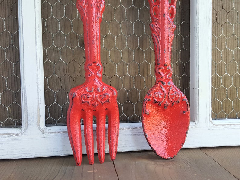 Fork and Spoon Kitchen Wall Decor Classic Red Hand Painted Utensils Cast Iron Rustic Farmhouse Dining Room Wall Art image 5
