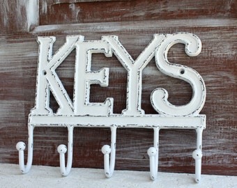 Shabby White Key Rack, Key Holder for Wall, Key Hooks, Rustic Distressed Entryway Key Hanger