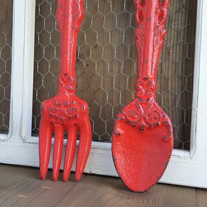 Fork and Spoon Kitchen Wall Decor Classic Red Hand Painted Utensils Cast Iron Rustic Farmhouse Dining Room Wall Art image 4